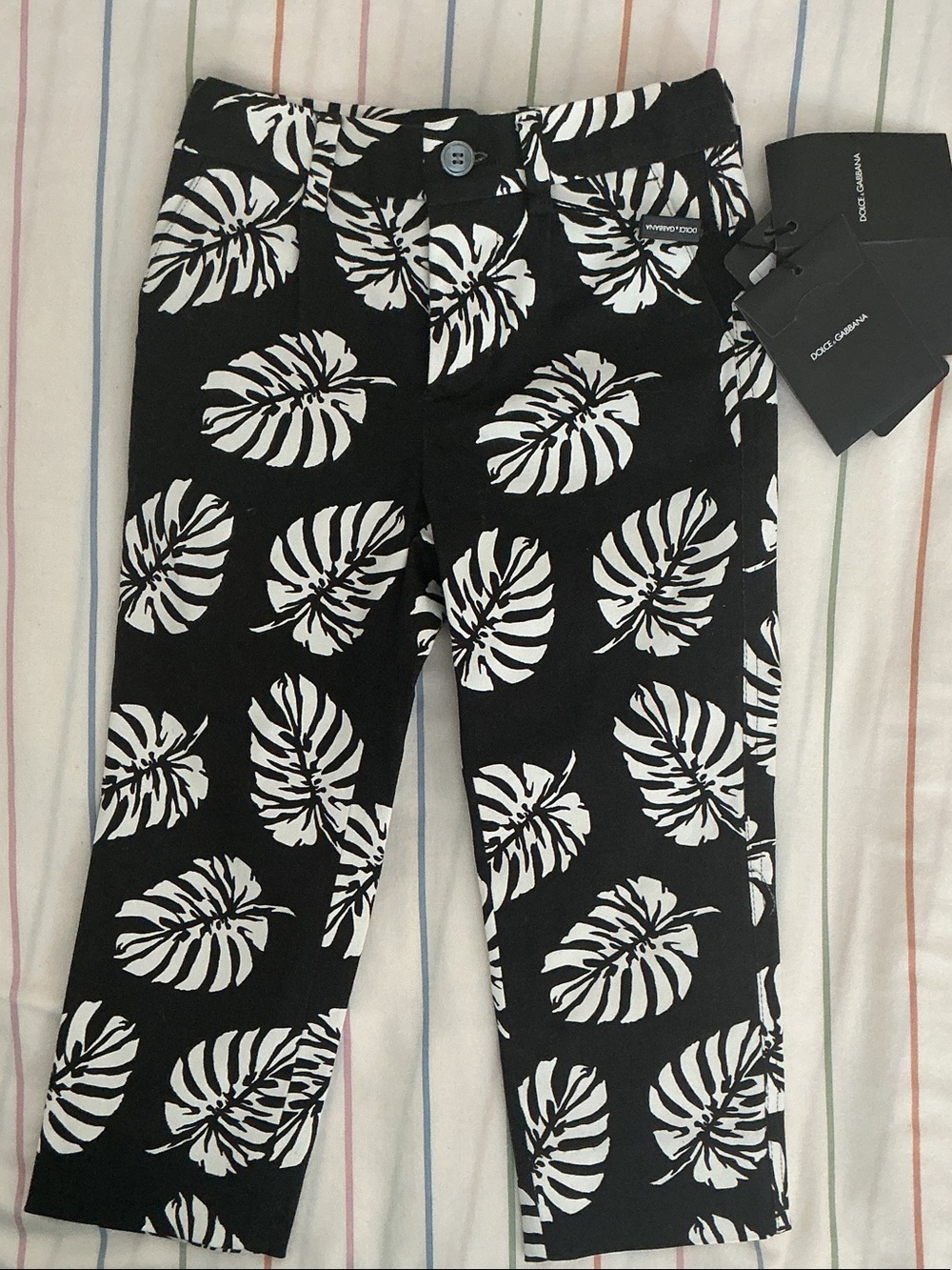 Dolce & Gabbana Black & White Leaf-Print Kids Pants